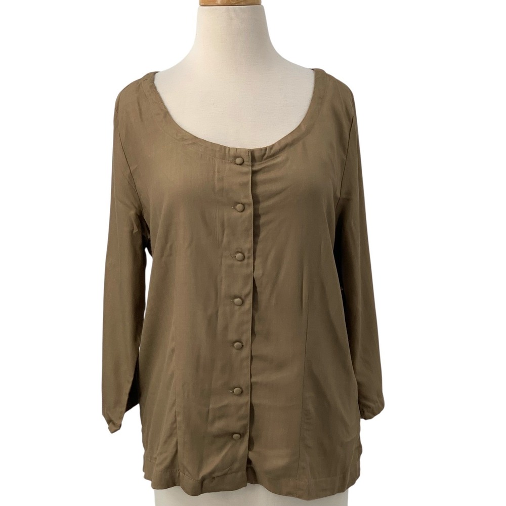 NWT Jaclyn Smith 3/4 Sleeve Button Down Blouse Scoop Neck Brown Herringbone M